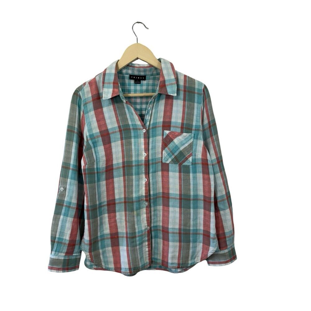 Tribal Brand Large Button Flannel Shirt Plaid Long Sleeve Roll Tabs Womens